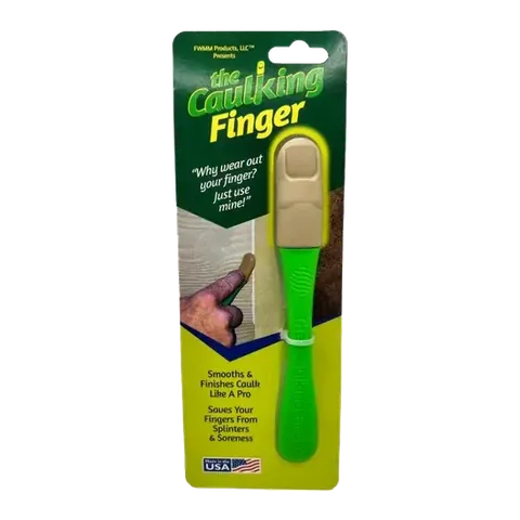 The Caulking Finger green caulk-smoothing tool in its retail packaging