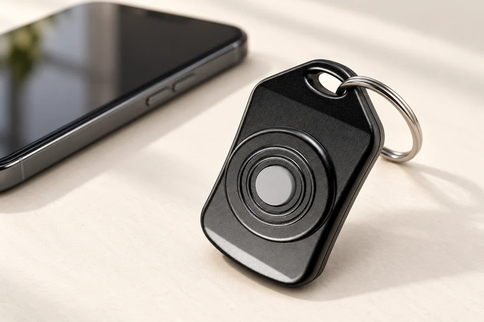 Black Bye Bye Button keyfob beside a smartphone