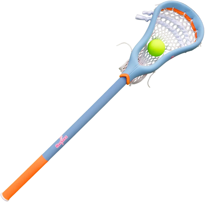 Blue and orange padded Hackees lacrosse stick with a ball in the head
