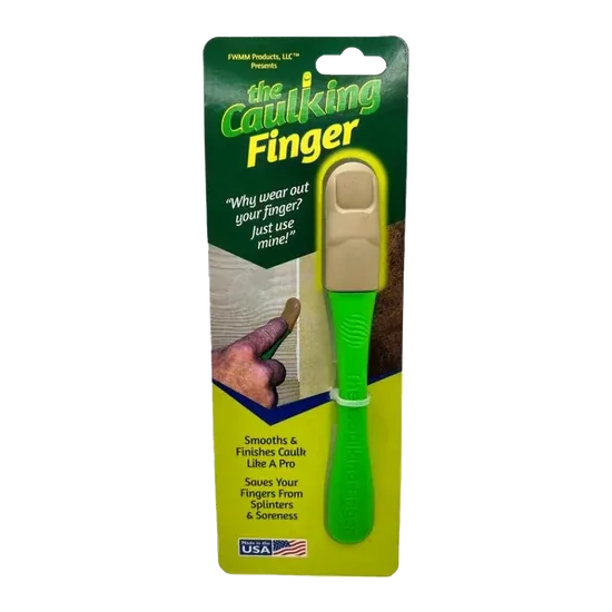 The Caulking Finger green caulk-smoothing tool in its retail packaging