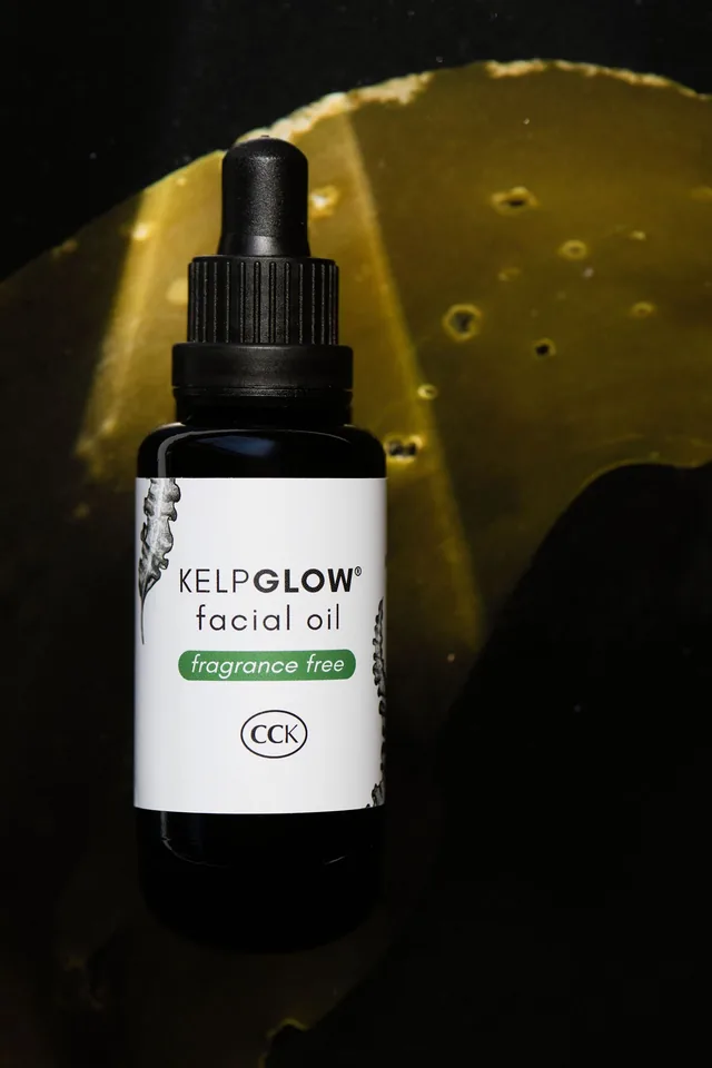 Cold Current Kelp fragrance-free KelpGlow facial oil beside seaweed