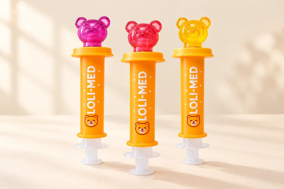Three orange Loli-Med oral dispensers with colorful bear-shaped heads