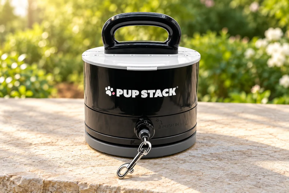 Pup Stack portable dog anchor with its handle and retractable leash clip